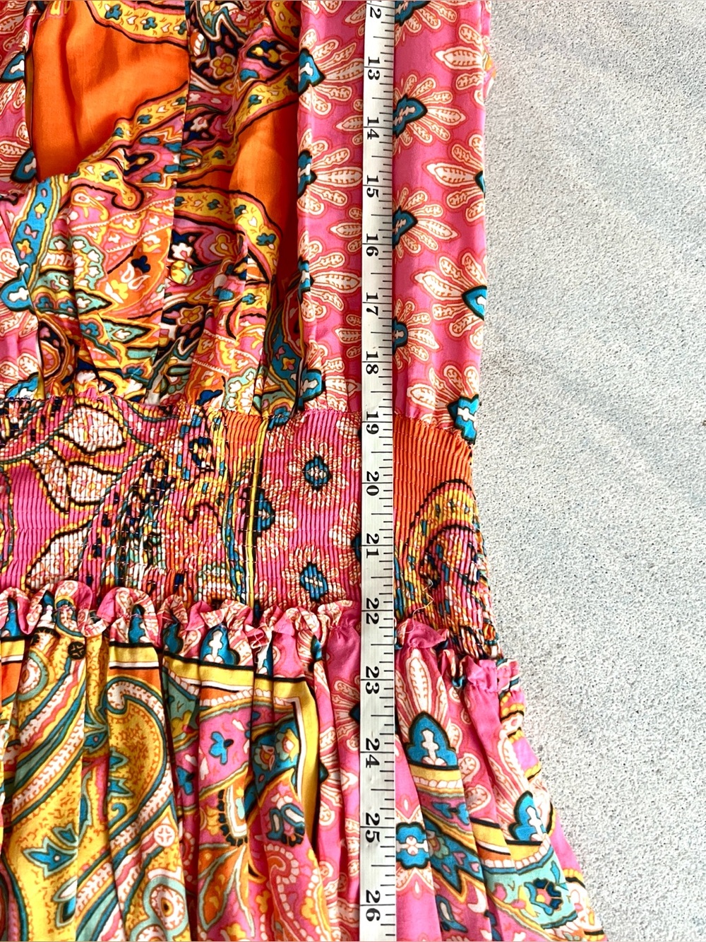 KARLIE Pink Orange Paisley Smocked Waist Ruffle Mini Dress Pockets Size Medium - Picture 11 of 12